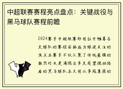中超联赛赛程亮点盘点：关键战役与黑马球队赛程前瞻