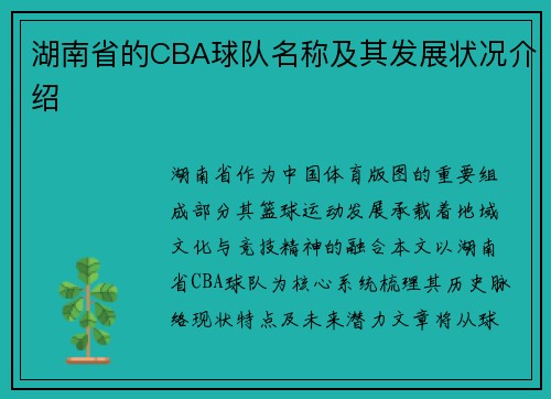 湖南省的CBA球队名称及其发展状况介绍