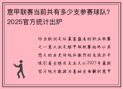 意甲联赛当前共有多少支参赛球队？2025官方统计出炉